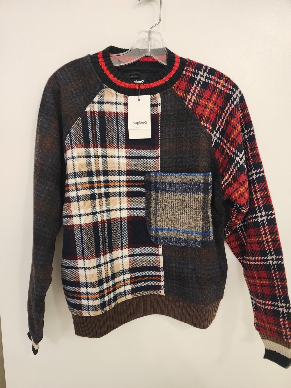 Desigual Men's Patchwork Plaid Crewneck Sweater - Brown/Red/Cream